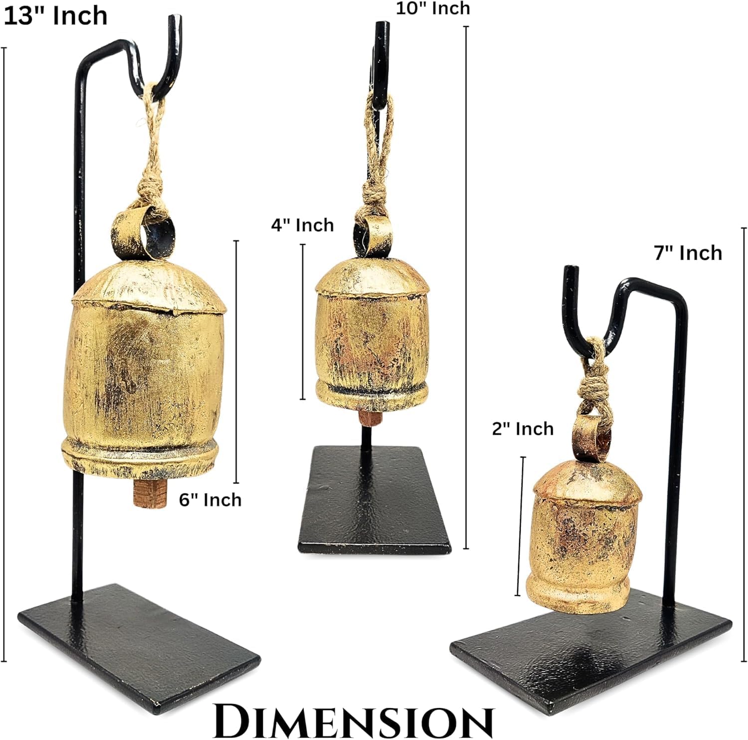 Vintage Golden Brass Bells with Premium Metal Stand - Antique Bells, Giant Harmony Cow Bells Christmas Decor Brass Hanging Bell XL Bells On Rope, Bell for Door Decorative Bells (Pack of 3)