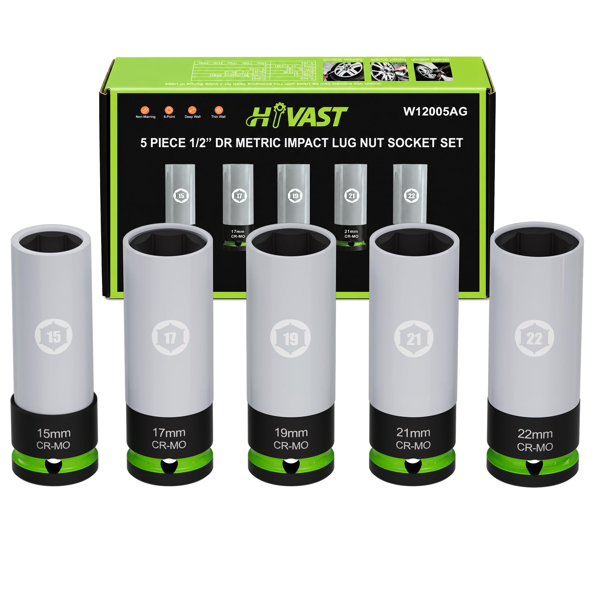 HYVAST 5 Pcs 1/2" Drive Impact Lug Nut Sockets 15-22mm Non-Marring