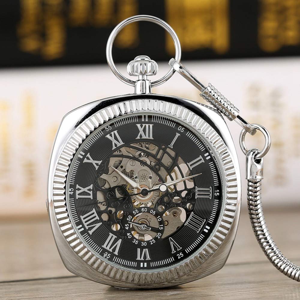 Antike schwarz/Silber/goldene mechanische Taschenuhr einzigartige Square 30 cm Schlangenkette Handwickeln Hochstufte Uhr Kunst Sammlerstücke Decoration