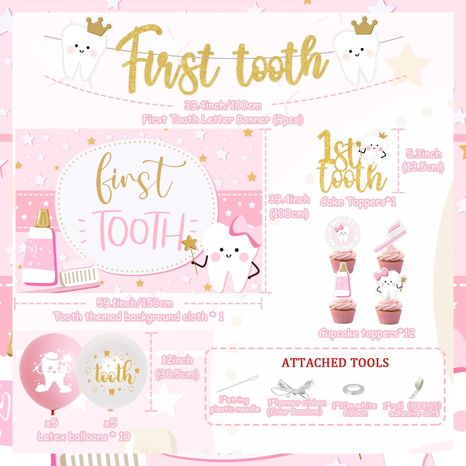 First Tooth Themed Party Decorations Pink 1st Baby Tooth Photography Backdrop Gold Glitter First Tooth Banner Cake Toppers for Girls Dentist Teeth Themed Dental Party Supplies