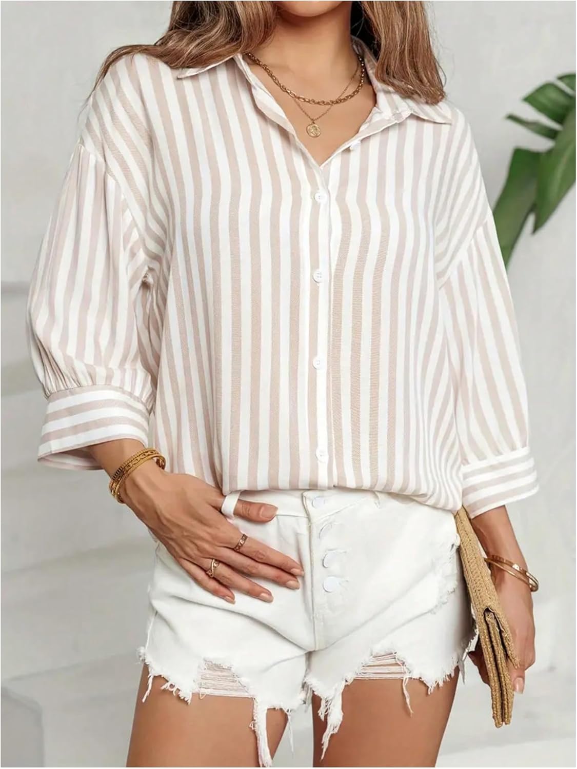 SOLY HUX Women's Striped Shirt Button Down Collared 3/4 Sleeve Casual Blouse Tops - Image 5