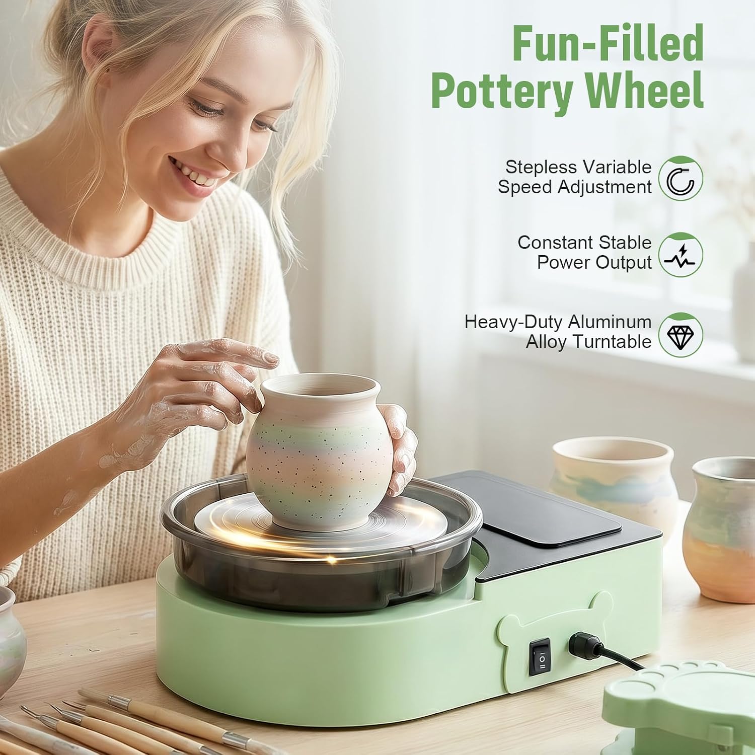Abliseoum 6-inch Pottery Wheel with Foot Pedal, Electric Ceramic Forming Machine with Detachable Basin, 30PCS Complete Clay Tool Kit for Kids and Beginners, DIY Clay Art Craft, Aluminum Body