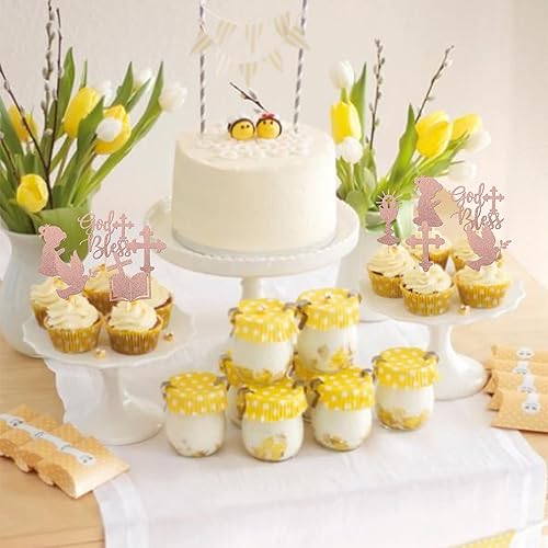 Miniatura 4 de 24 piezas de adornos para cupcakes Mi Bautizo en español rosa con purpurina del Santo Grial, Biblia, Ángel, Cruz, Dios, bendiga magdalenas, para