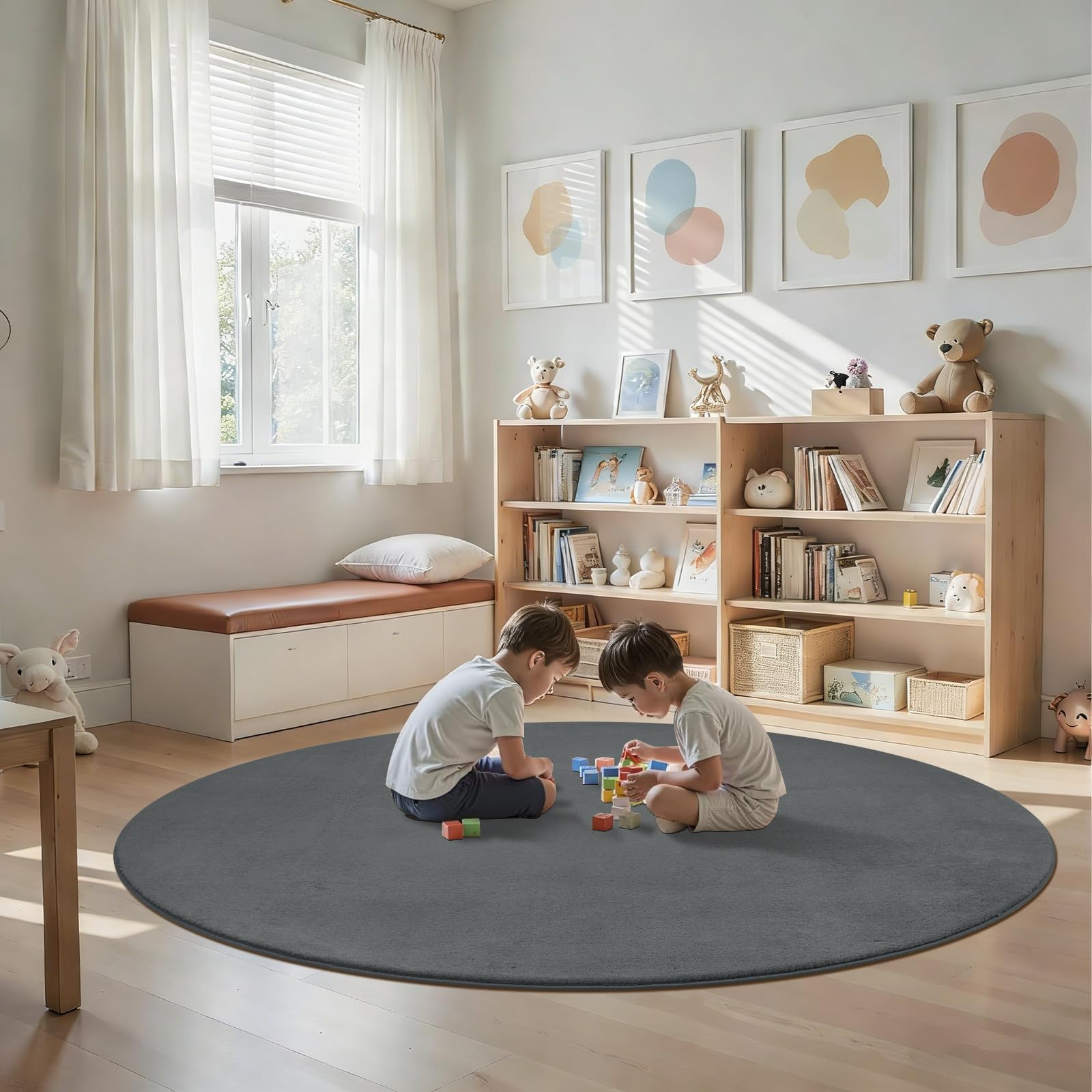 Homcomodar Teppich Rund 160cm Tiefgrau Kurzflor Wohnzimmerteppich Modern Teppich Schlafzimmer Anti-Rutsch Flauschiger Teppiche für Wohnzimmer,Schlafzimmer,Kinderzimmer,Esszimmer,Küchenteppich