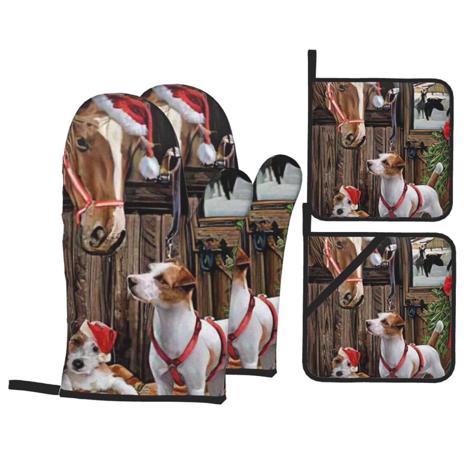 Oven Mitts And Pot Holders Sets, Kitchen Oven Glove and Potholder 4 Pcs For Baking Bbq,Christmas Horse Jack Russell Terrier Puppy Dog