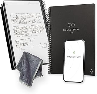 Rocketbook Core caderno espiral reutilizável, tamanho A5, 15 cm x 22,4 cm, preto - páginas de pontos, conexão com aplicativo, apagável, tampa durável, para colégio, trabalho e projetos criativos