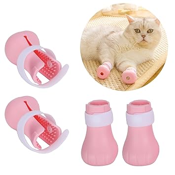 Tand Silicone Cat Shoes, Soft Cat Foot Cover Safe Non-allergic Bottom Hole Design Adjustable Flexible for Cat Houses Household Baths for Pet Hospitals Pet Shops(Plastic box packaging (pink), LZP-25)