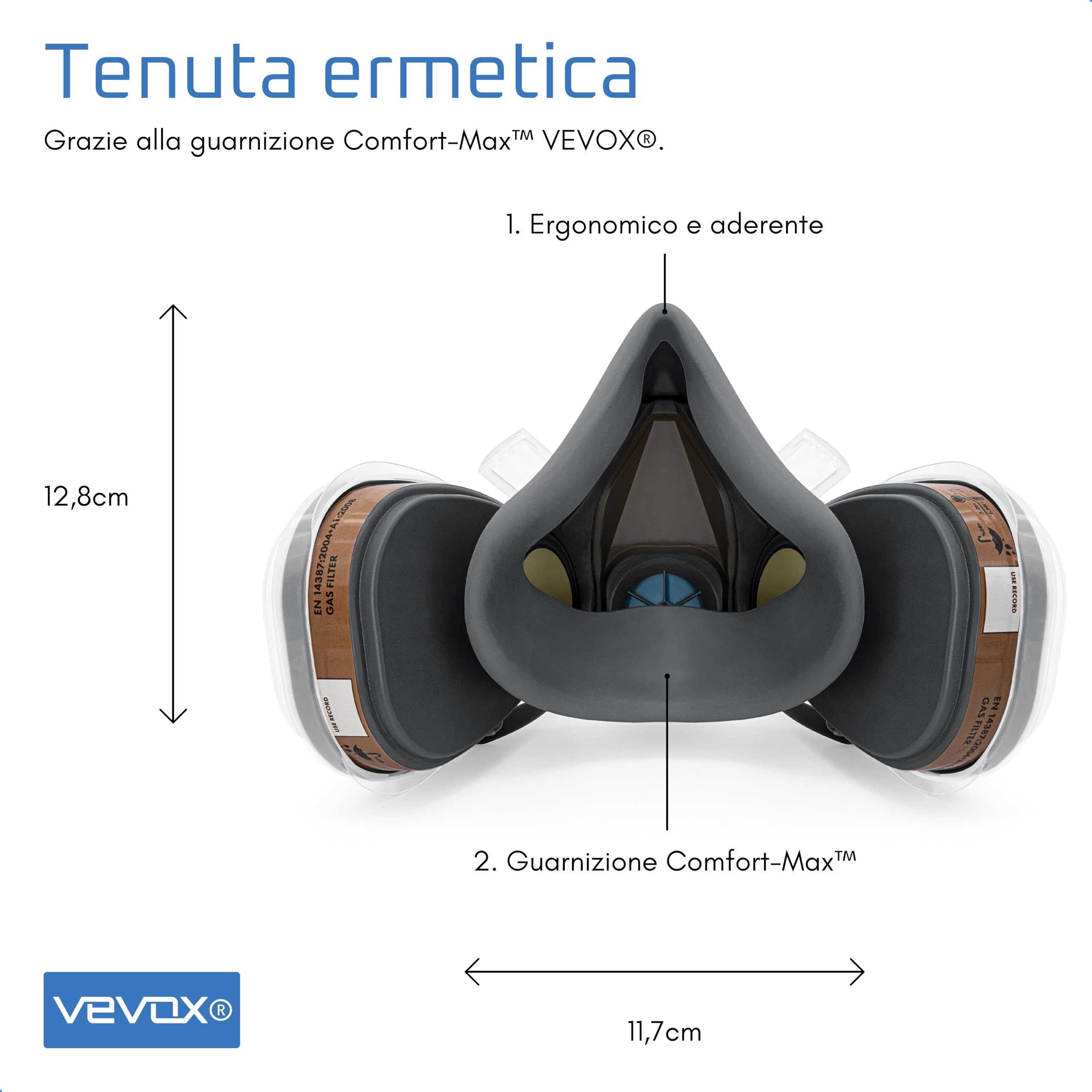 VEVOX® Maschera respiratoria con filtro A1P2 – Protezione da gas, vapori e polveri sottili – Ideale per verniciatura, levigatura e lavori edili – Con 6 filtri P2 antiparticolato e 2 A1 antigas