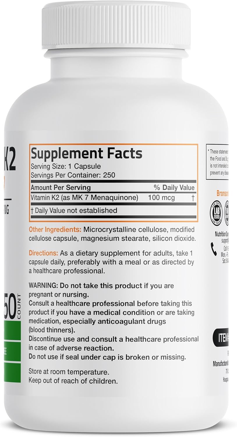Bronson Vitamin K2 as MK-7 Menaquinone 100 mcg Non-GMO, 250 Capsules