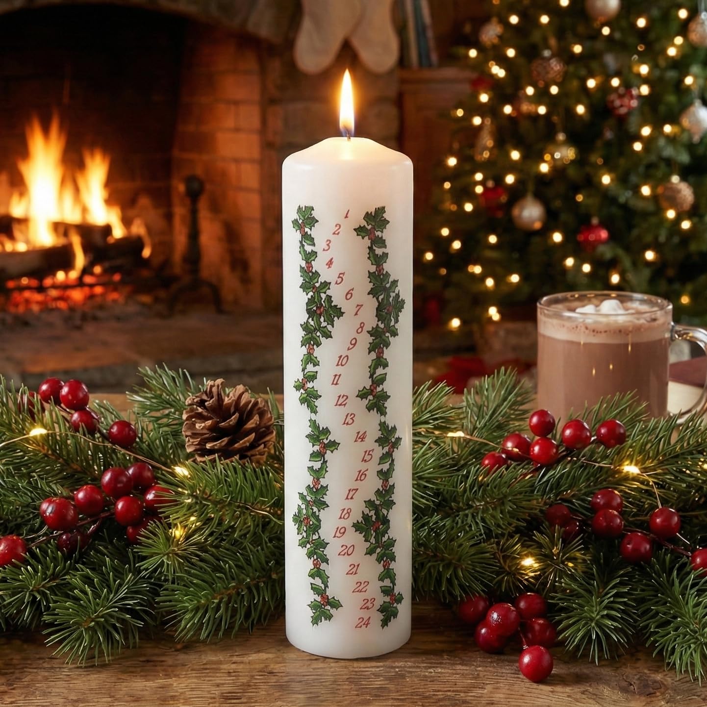 Church Supply White Hollybush Advent Pillar Candle 3 – Christmas Countdown Candle, 70Hr Burn, Festive Candle For Table, Mantelpiece & Seasonal Décor