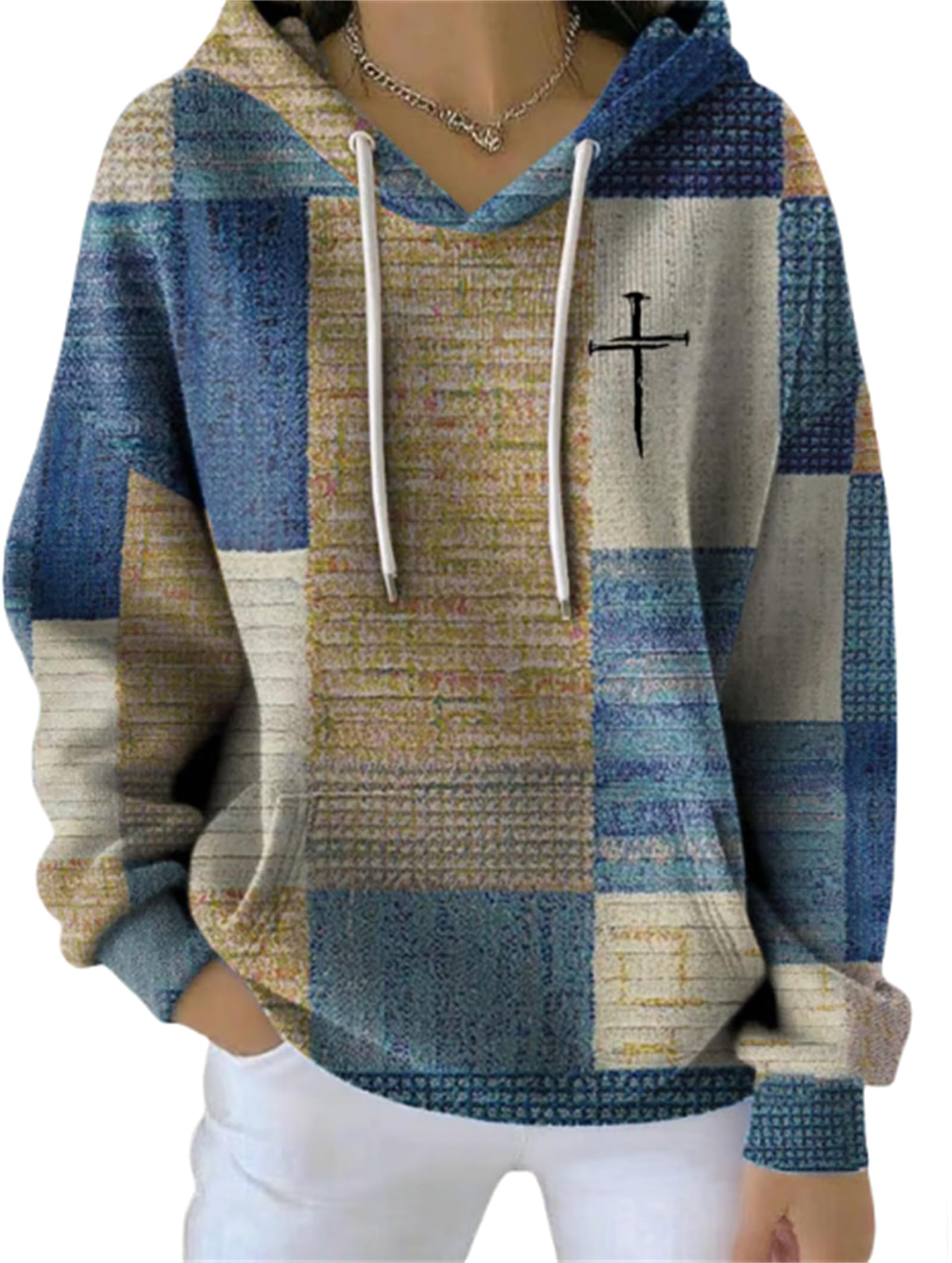 My Faith World odzież damska, kolorowa bluza z kapturem w kwadratowe paski, chrześcijańskie bluzy z kapturem, retro sweter z blokami kolorów