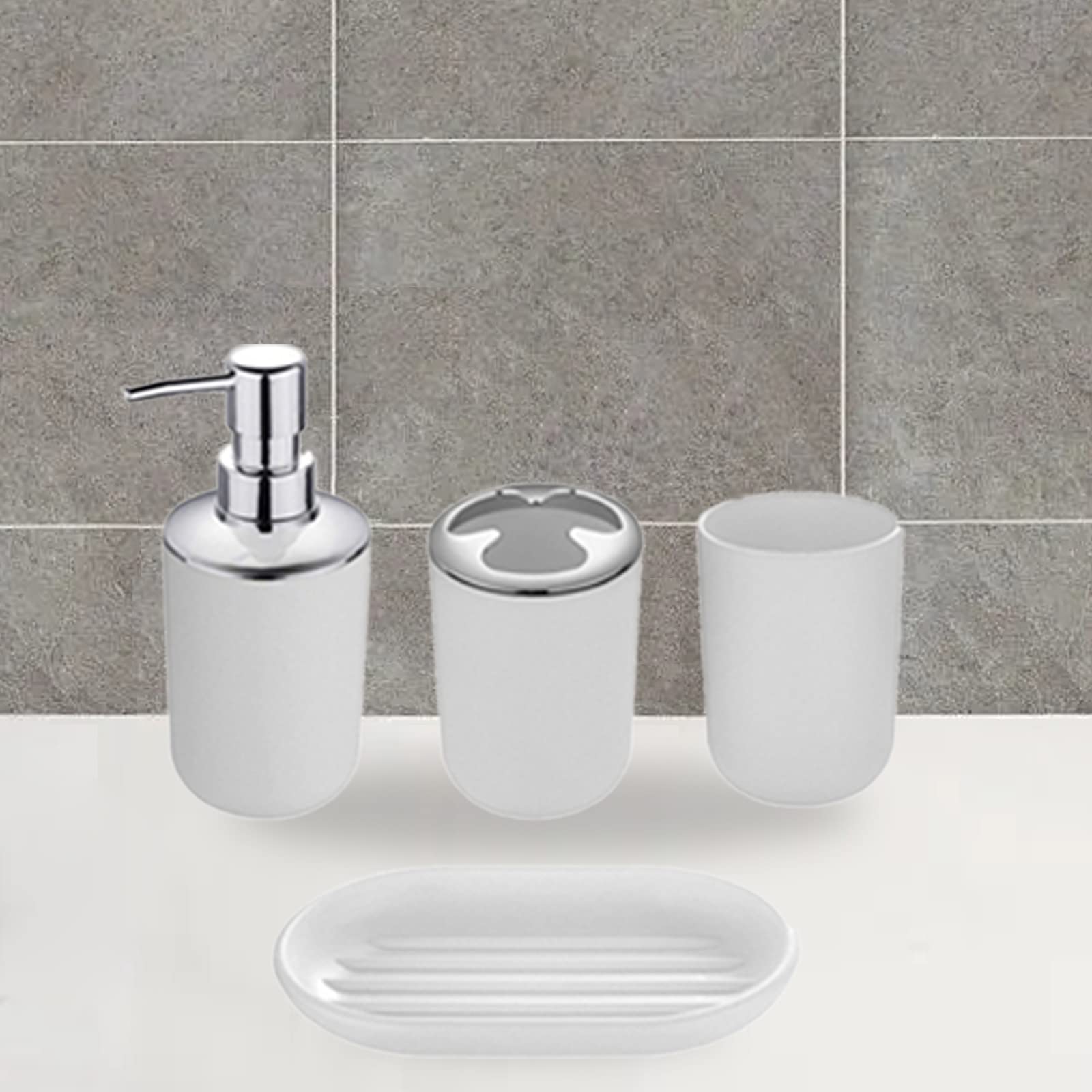 Set Accessori Bagno Seeatoo 4 Pezzi Bianco | Dispenser Sapone, Portaspazzolino, Portasapone E Tazza In Plastica Ispessita