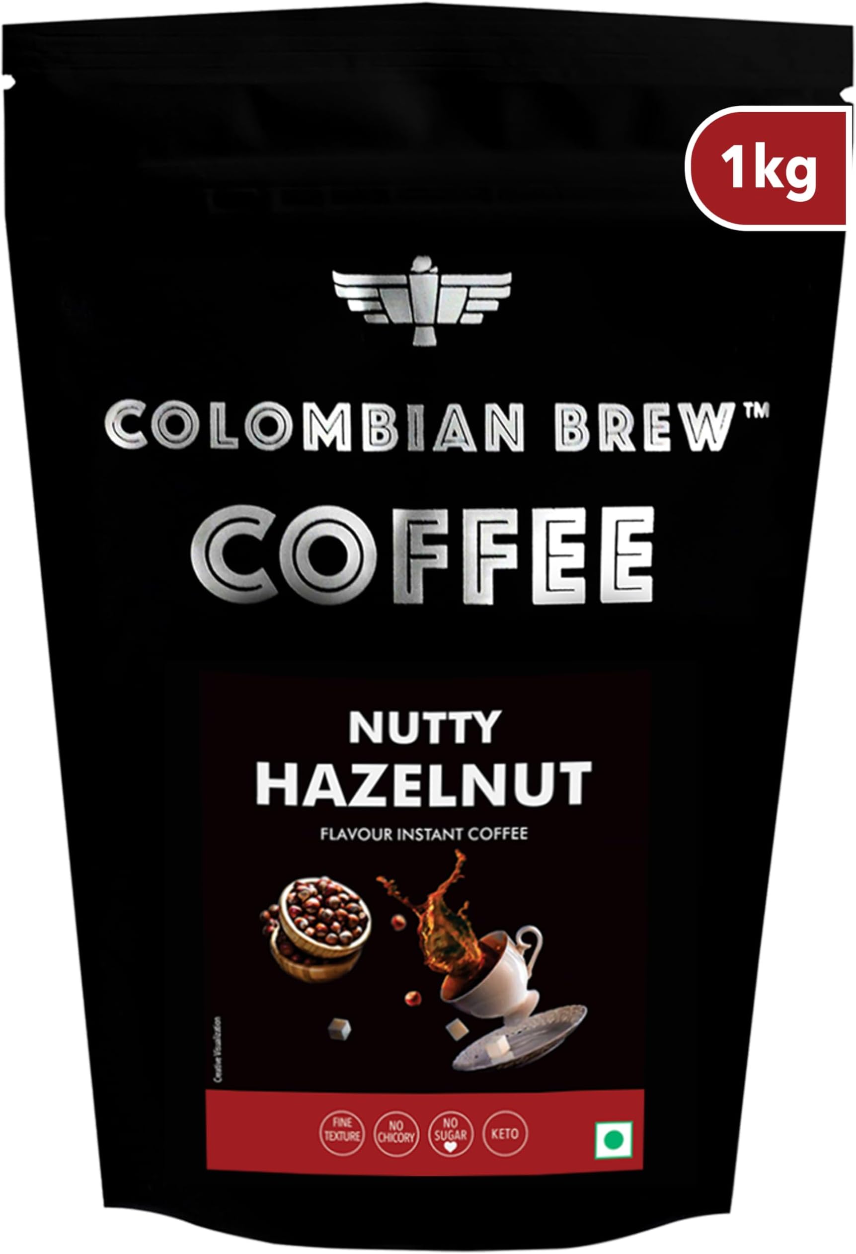 Colombian Brew Hazelnut Instant Coffee Powder, No Sugar, 1kg Hotel Pack