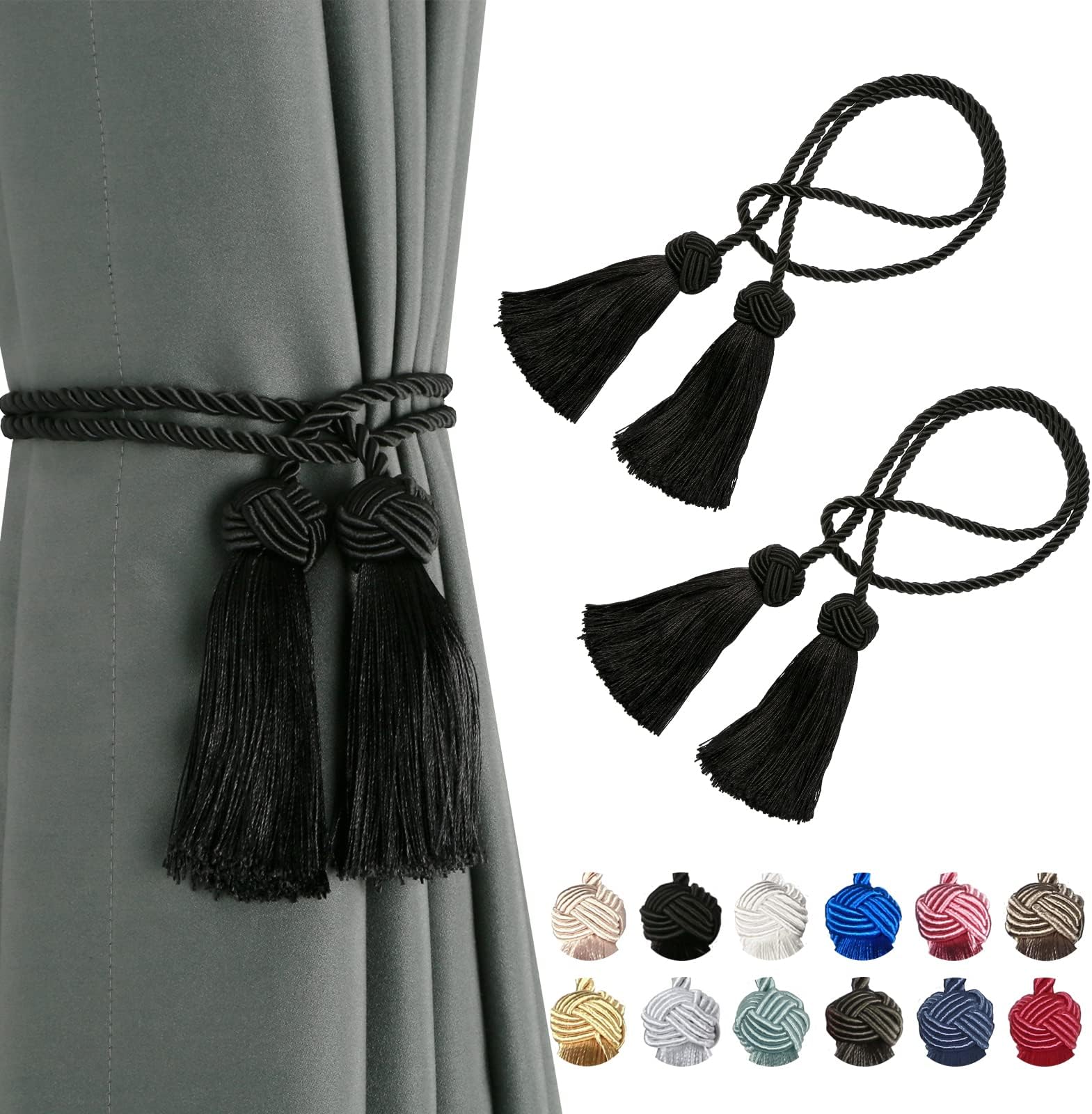BEL AVENIR 2 Pack Curtain Handmade Tiebacks Decorative Curtain Holdbacks with Tassel (Black, 2 Pack)