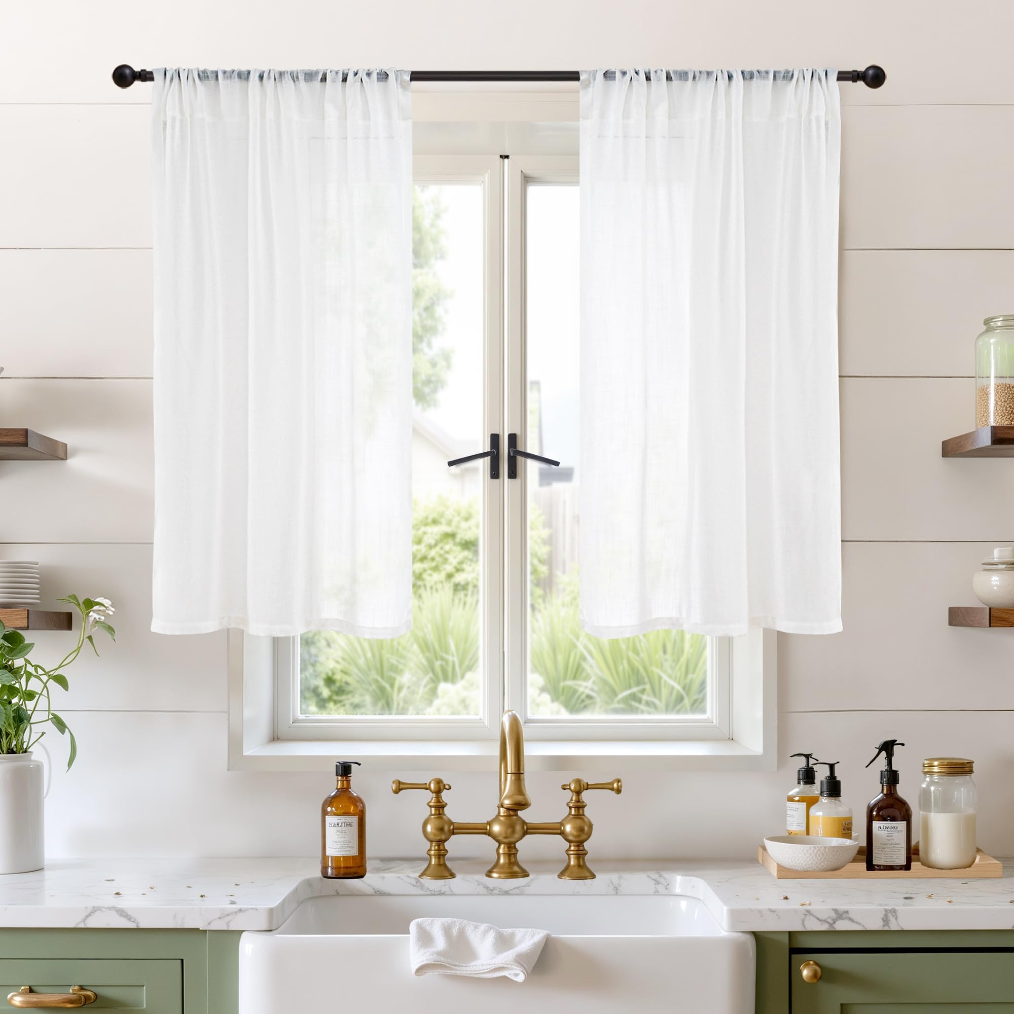 BGment 45 Inch Length White Linen Curtains for Short Window - Rod Pocket Small Semi Sheer Drapes Light Filtering for Cafe Kitchen Bedroom Lightweight Natural Rustic, 2 Panels Set, 30 X 45 Inch