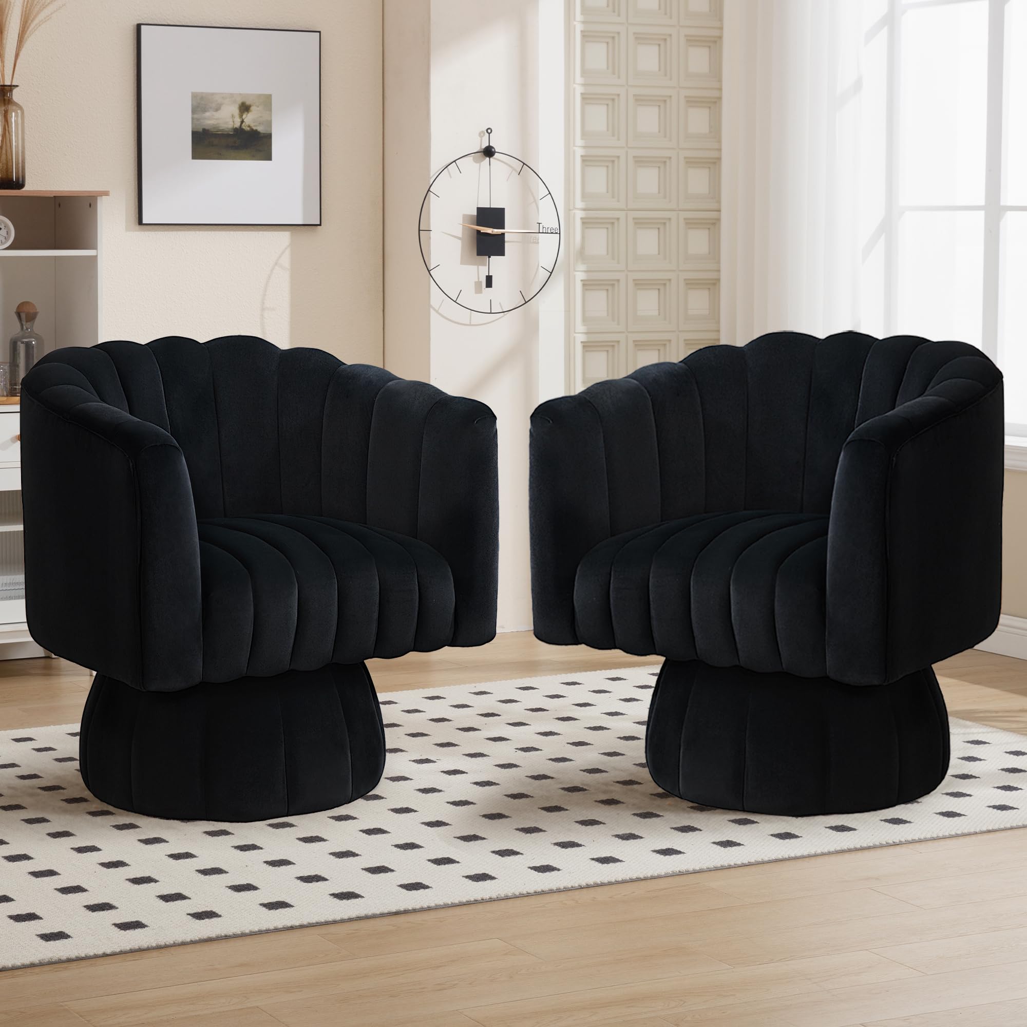 Swivel Accent Barrel Chair Set of 2, Round 360° Velvet Club Chair, Black