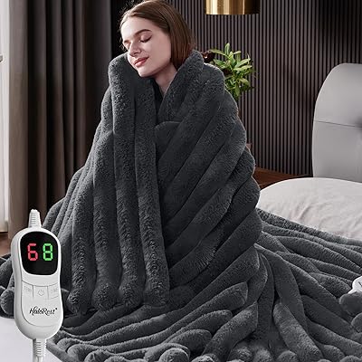 Heated Throw Blanket, Faux Fur Cozy Heating Blanket with Overheat Protection, 1/2/4/6/8 Hours Auto-Off 10 Heat Level, Machine Washable (50x60 Inches, Cream White)