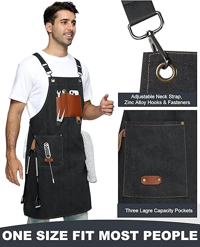 Miniatura 3 de Delantal de chef de mezclilla con bolsillos, babero de cocina profesional para hombre y mujer, delantal negro para cocinar, parrilla, barbacoa,