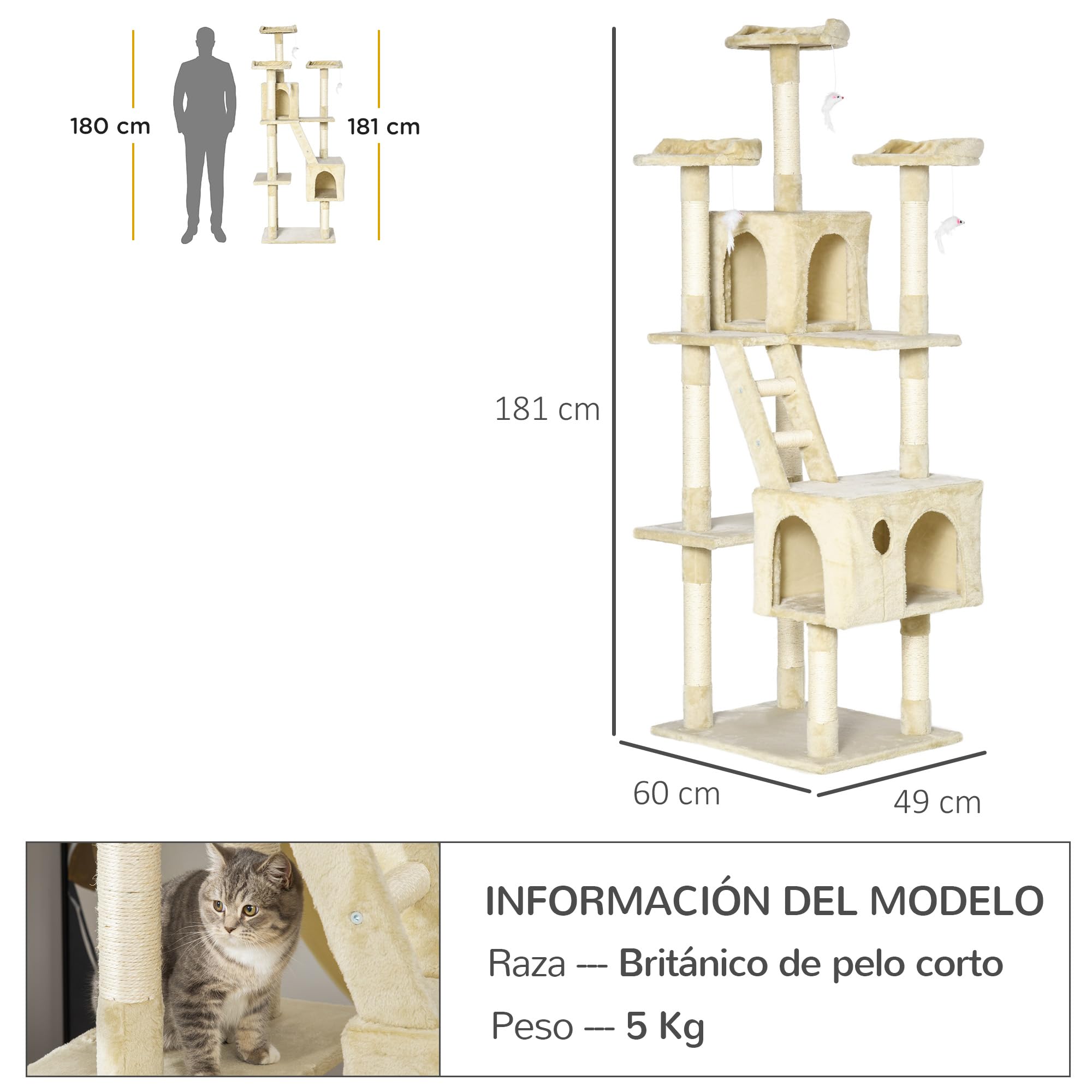 PawHut Rascador Árbol para Gatos Grande 60x49x180 cm con Poste de Arañar Múltiples Plataformas Escaleras Cuevas Juguetes Centro de Actividades Beige