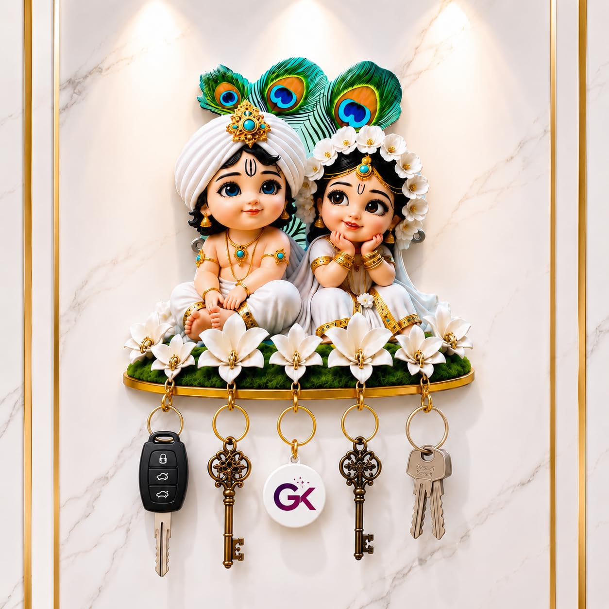 Premium Cute Radha Krishna Wooden Key Holder Wall Mounted 3D UV Printed 7 Hooks 10x10 Inch Brown Modern Style Decorative Hanger Home and Office Decor-image-10