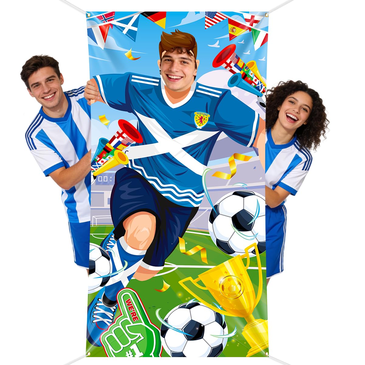 DPKOW Scotland Football Banner Photo Props, Scotland Footballplayer Face Hole Game Banner 2026 World Football Decorations, 73" x 35" Cutout Photo Backdrop 2026 World Sports Event Decoration Supplies