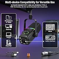 Vista 2 de Micrófono dinámico XLR/USB para podcast de juegos, micrófono para iPhone, teléfono, computadora, computadora, micrófono de transmisión con luz RGB