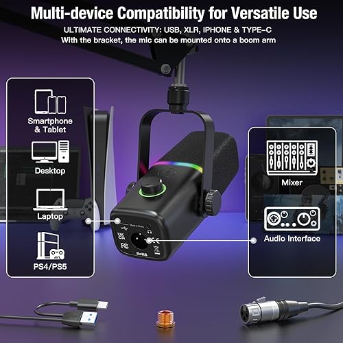Miniatura 2 de Micrófono dinámico XLRUSB para podcast de juegos, micrófono para iPhone, teléfono, computadora, computadora, micrófono de transmisión con luz RGB,