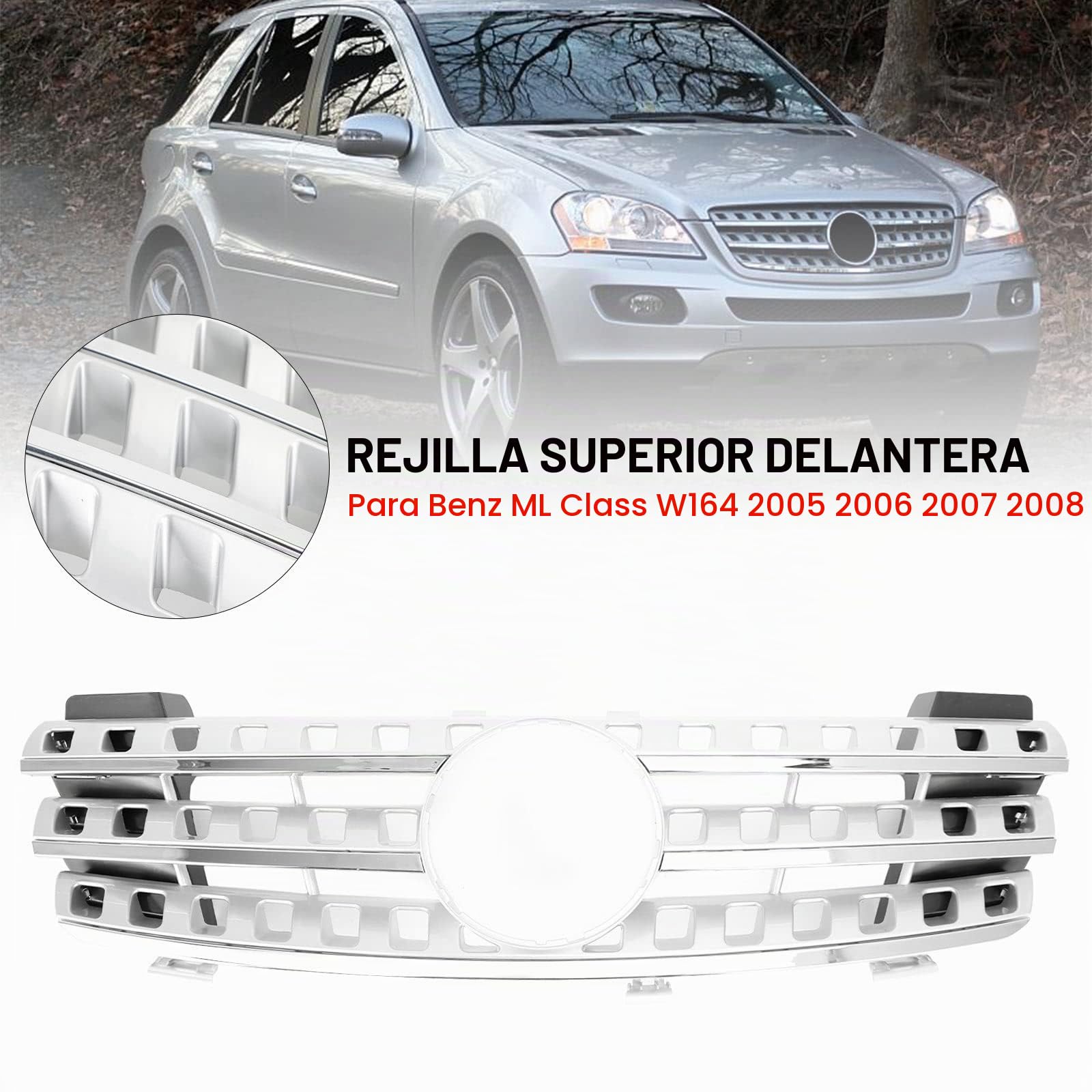 Parrilla del Parachoques Delantero Apto para Mercedes-Benz ML-Class W164 2005-2008 Chrome (No Logo)