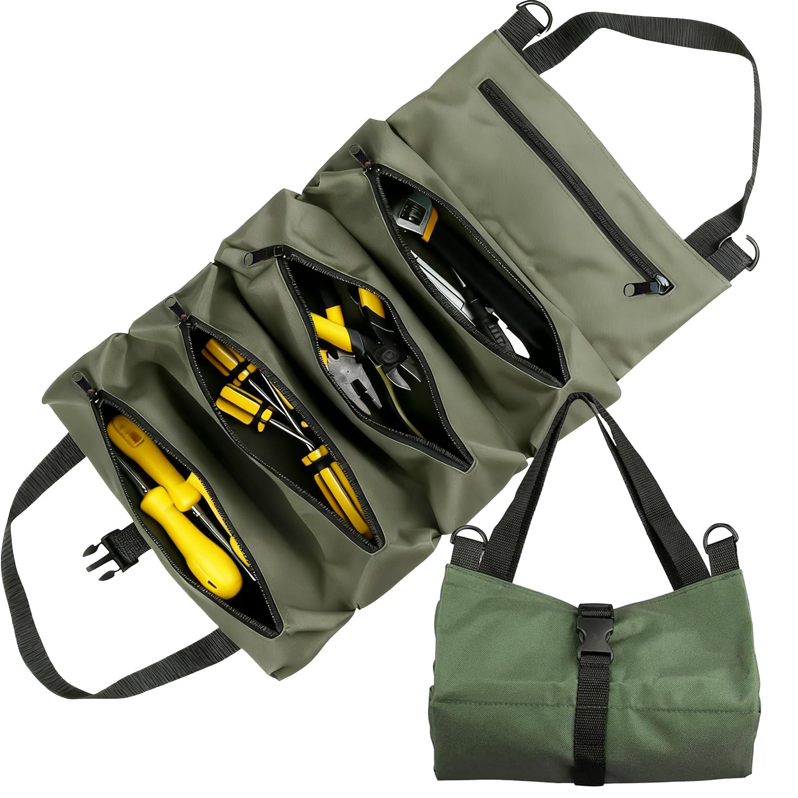 Tool Roll Bag Canvas Small Tool Bag Multi-Purpose Tools Box Organiser with 5 Zip Pockets Chisel Spanner Roll Ideal for Craftsmen Plumbers and Electricians Armygreen