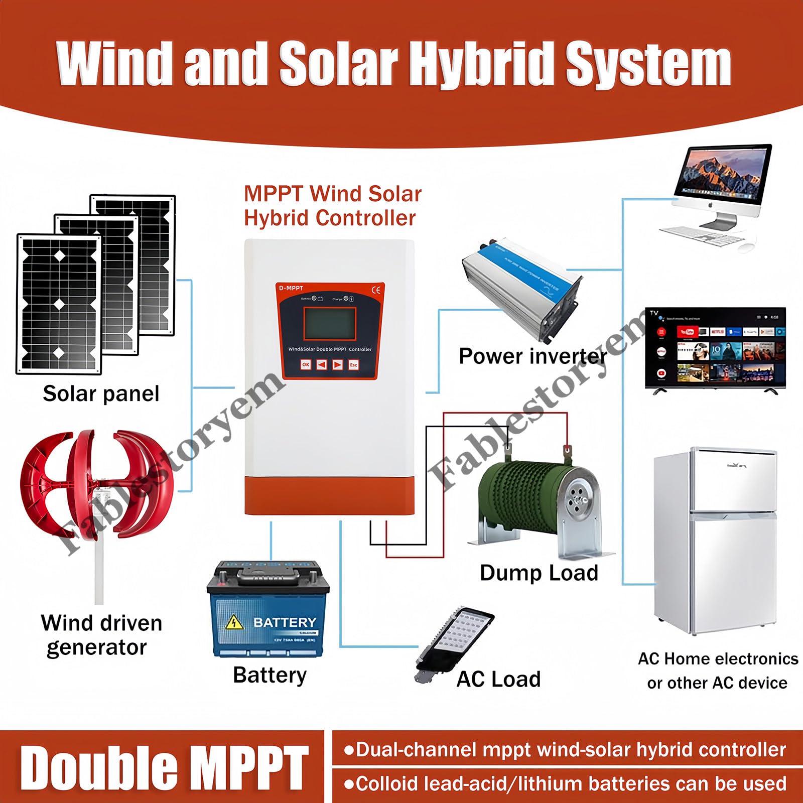 Wind Solar hybrydowy regulator ładowania 12000 W 12 V/24 V/48 V podwójny regulator MPPT Boost do turbiny wiatrowej, akumulatora, ładowarki słonecznej