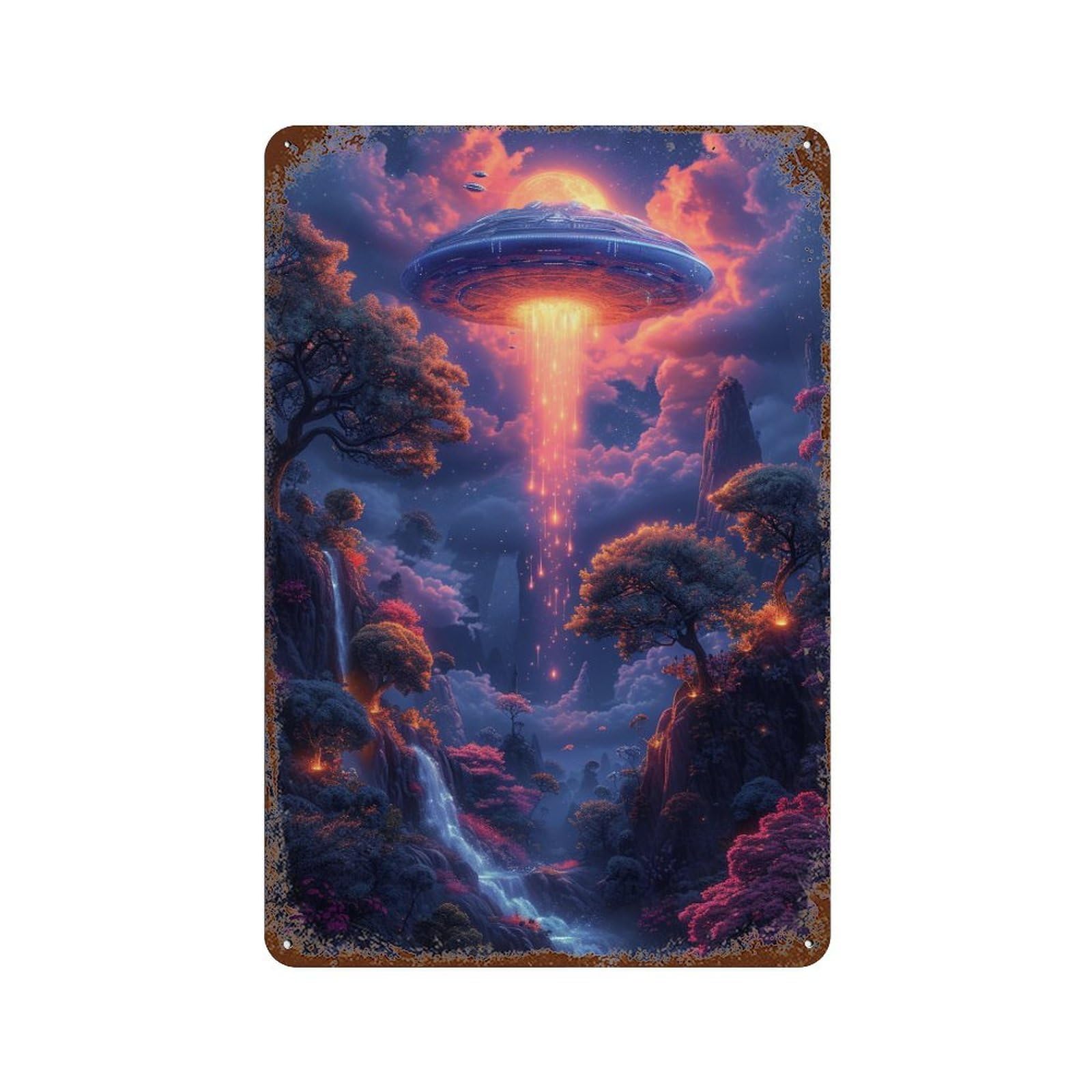 Rust Effect Alien Spaceship Landing Scene Rusty Metal Tin Sign 11.8"x7.9", Industrial Home Decor for Living Room, Hallway And Home Decor