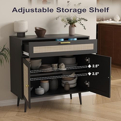 Miniatura 3 de Juego de 2 aparadores de ratán, armario de cocina bohemio con cajón y 2 puertas, gabinete moderno de mediados de siglo con estante ajustable, barra