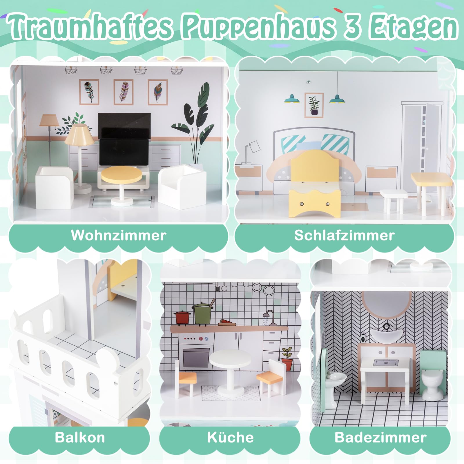 COSTWAY Puppenhaus Holz, Kinder Dollhouse mit 17 Möbelstücken, große Puppenvilla 120,5 cm Hoch mit 3 Etagen, Traumvilla für Mädchen & Jungen ab 2 Jahren, 73 x 34 x 120,5 cm (Grün)