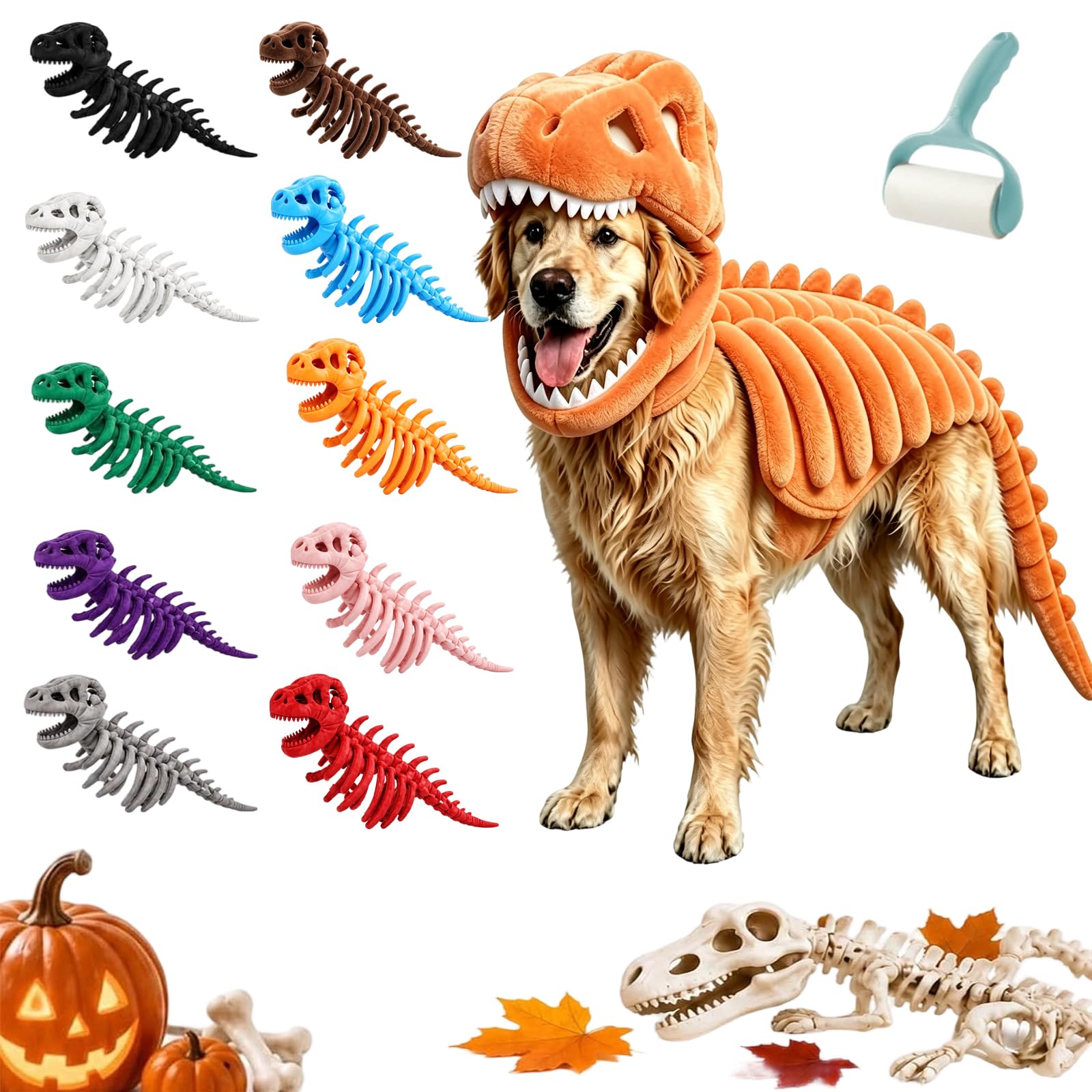 Dinosaur Skeleton Dog Cat Costume, 3D Pet Dinosaur Halloween (Orange,90CM)