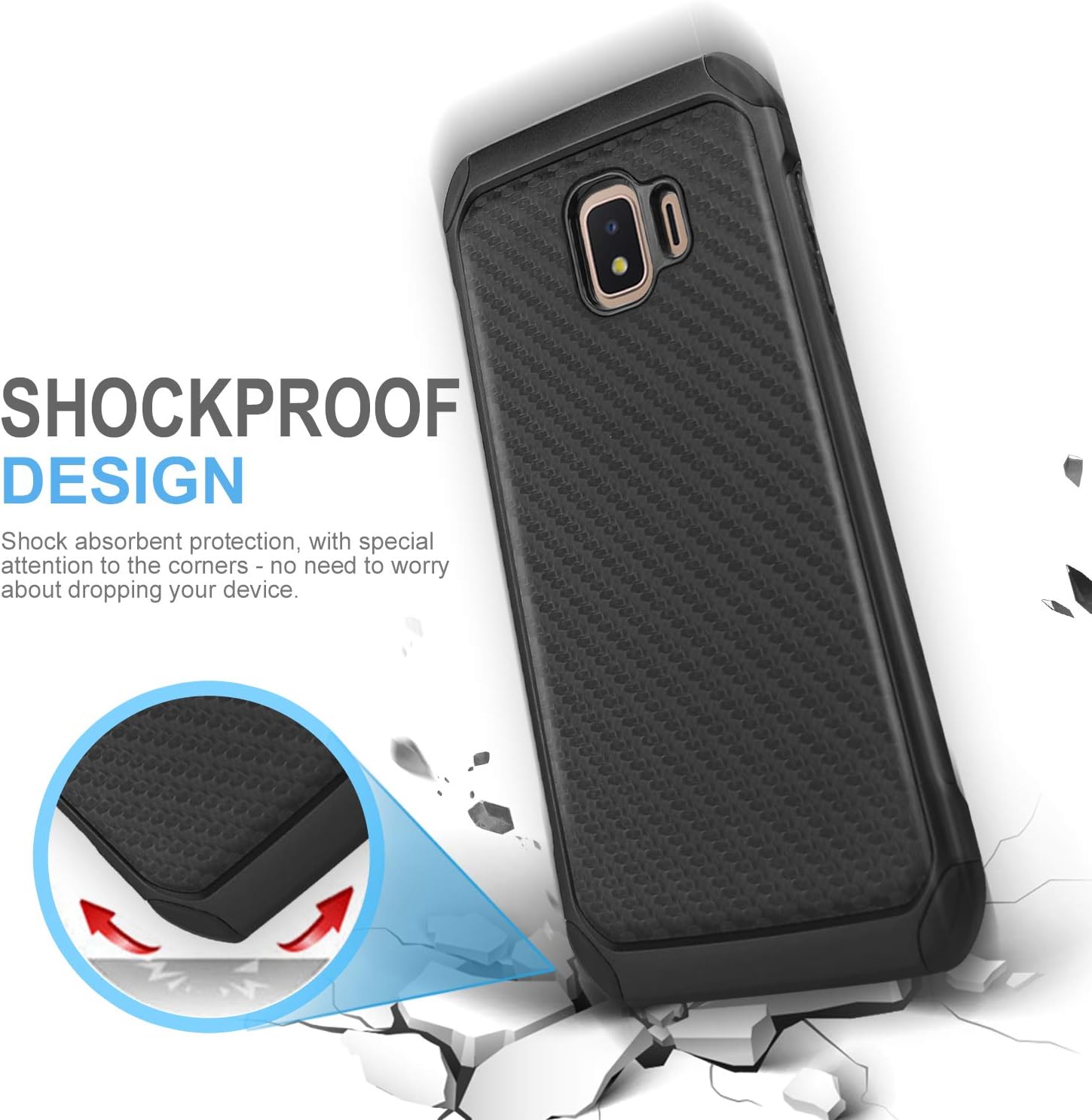 TJS Phone Case Compatible with Samsung Galaxy J2 Core/J2 2019/J2 Pure/J2 Dash/J2 Shine, with [Tempered Glass Screen Protector] Hybrid Shock Absorbing Carbon Fiber Back Hard TPU Inner Layer (Black)