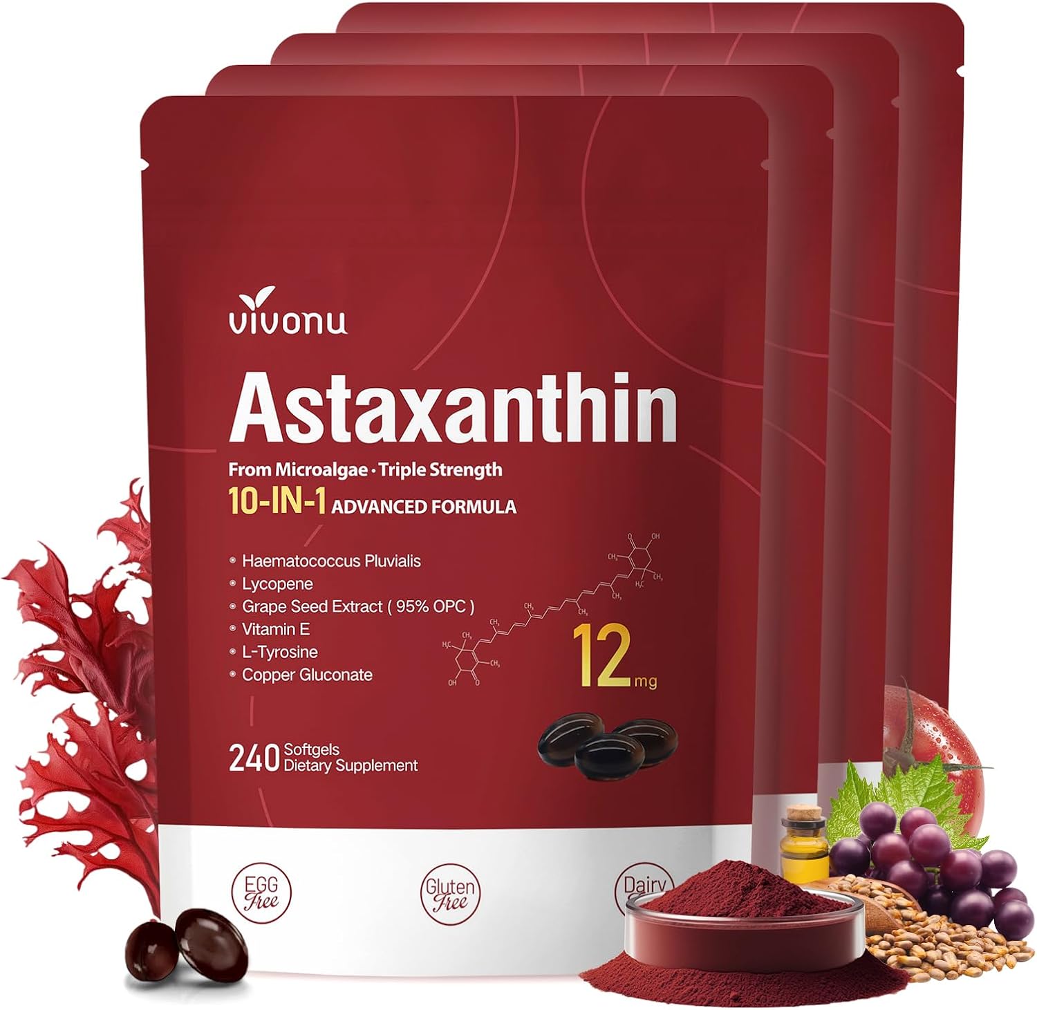 10 in 1 Astaxanthin Supplements 12mg, 16 Month Supply, Astaxantina Antioxidant from Fresh Haematococcus Pluvialis, Contains Lycopene, Grape Seed, Vitamin E, More Supports Eye, Joints, Skin Health 4Bag