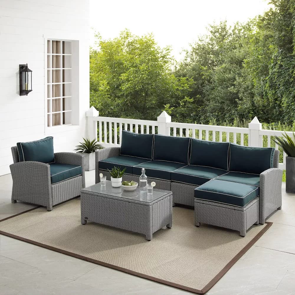 DEVOKO Patio Furniture Set, Outdoor Sectional Sofa HDPE Wicker Conversation Set Outside Couch with Center Table & Ottoman for Porch, Lawn, Garden, Backyard (Grey and Navy Blue)