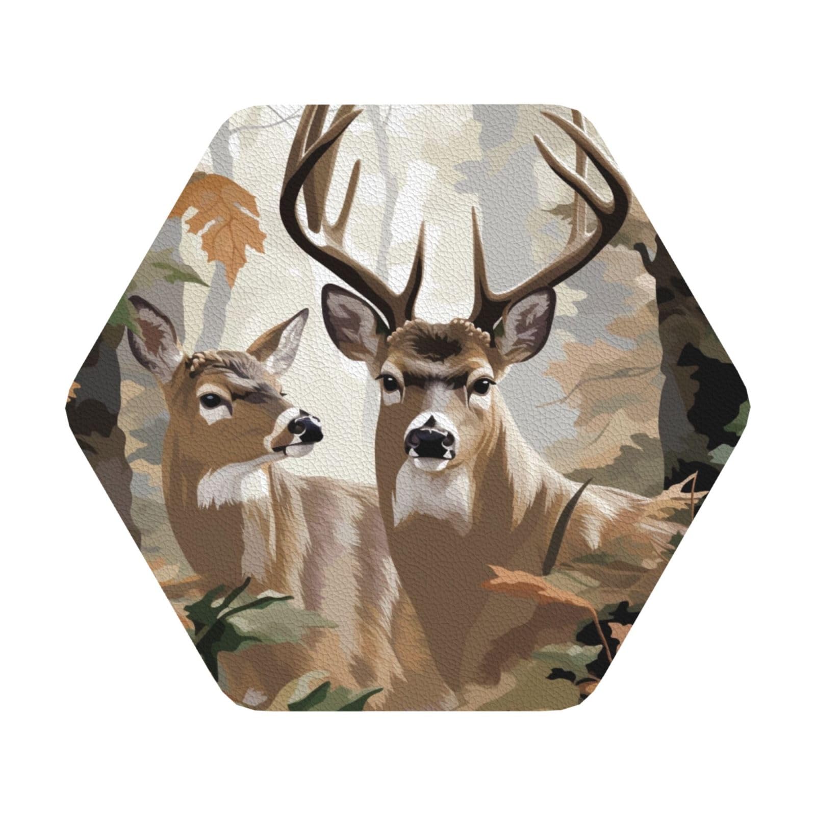 Camouflage Deer_1 Print Leather Coaster Set of 6, Hexagon Coasters Table Decorative Coffee Cup Beverage Coasters Wine Beer Bar Coasters for Hot Drinks Table Protection