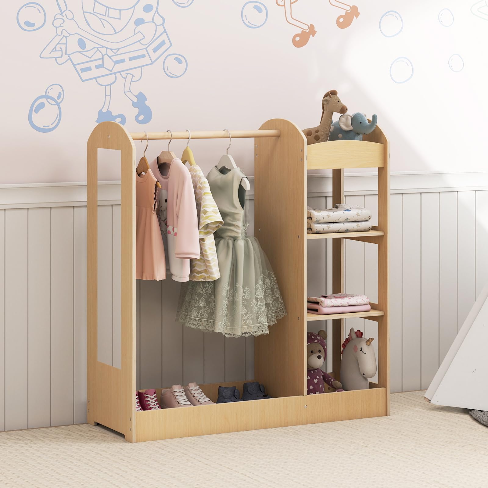 DREAMADE Portant Enfant avec Miroir et Étagère Penderie Fille 2+ Ans en Bois avec Tringle à Vêtements Garde-Robe Tout-Petits Jolie & Robuste & Stable (Naturel)