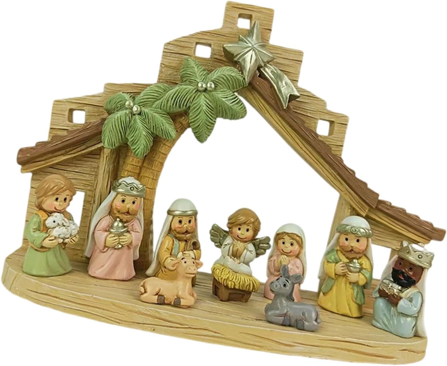 Rulbelok Stable Nativity Scene Statue Christmas Nativity Figurines Holy Family Collectable Decors Table Ornaments for Indoor Holy Family Resins Figurine Statue with Stable