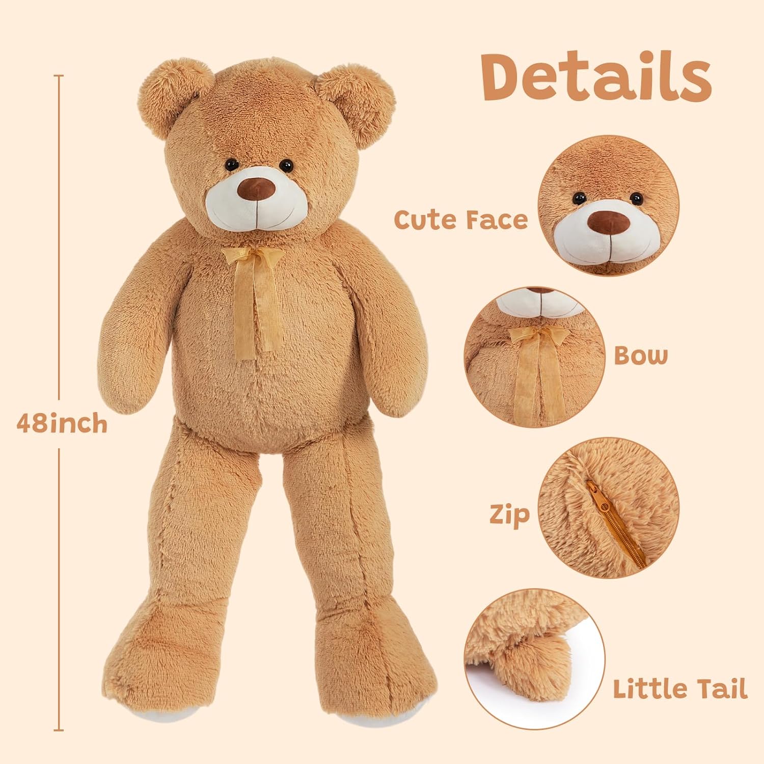 HollyHOME Giant Teddy Bear 4Ft Big Teddy Bear Stuffed Animal Birthday Valentines Day Plush Toy for Kids and Girlfriend 48 inch Tan