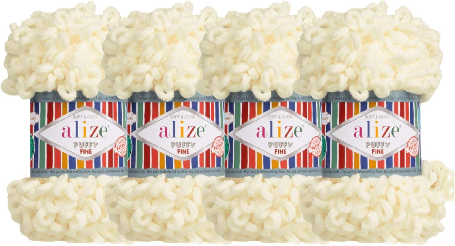 Alize Puffy Fine Baby Blanket Small Loop 100% Micropolyester Soft Yarn Lot of 4skn 400gr 64yds (62 - Light Cream)