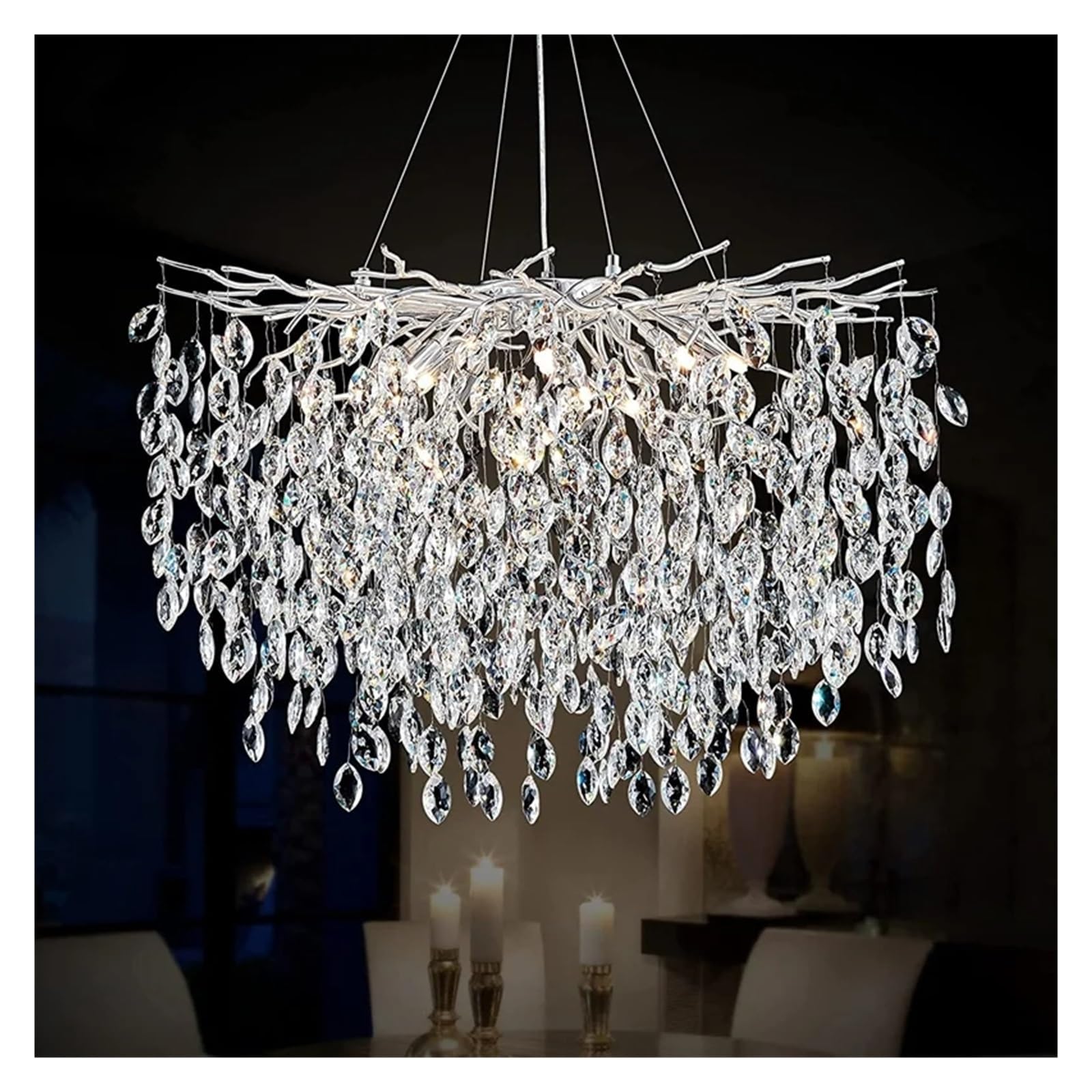 ASerZenith Chandelier, Silver Crystal Chandelier Modern Raindrop Long Ceiling Pendant Light Fixture Tree Branch Chandeliers Compatible With Dining Room Island,Dia 60Cm-Silver