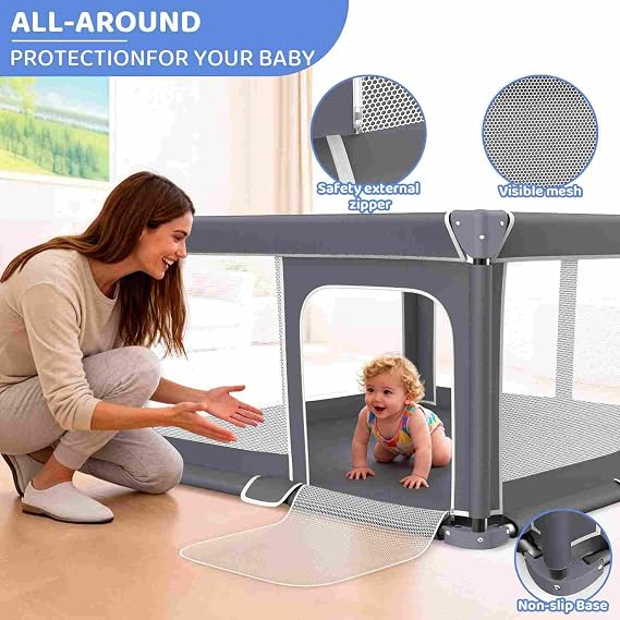 Foldable Baby Playpen Portable Travel Play Yard, Dark Gray | Safety Play Yard for Babies & Toddlers, Indoor & Outdoor Use, Carry Bag Included, Collapsible, Portable,Sturdy & Secure