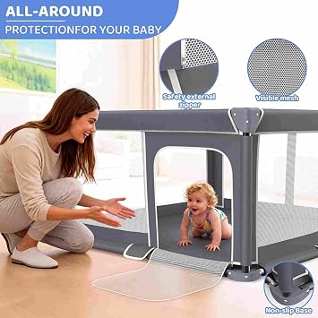 Foldable Baby Playpen Portable Travel Play Yard, Dark Gray | Safety Play Yard for Babies & Toddlers, Indoor & Outdoor Use, Carry Bag Included, Collapsible, Portable,Sturdy & Secure