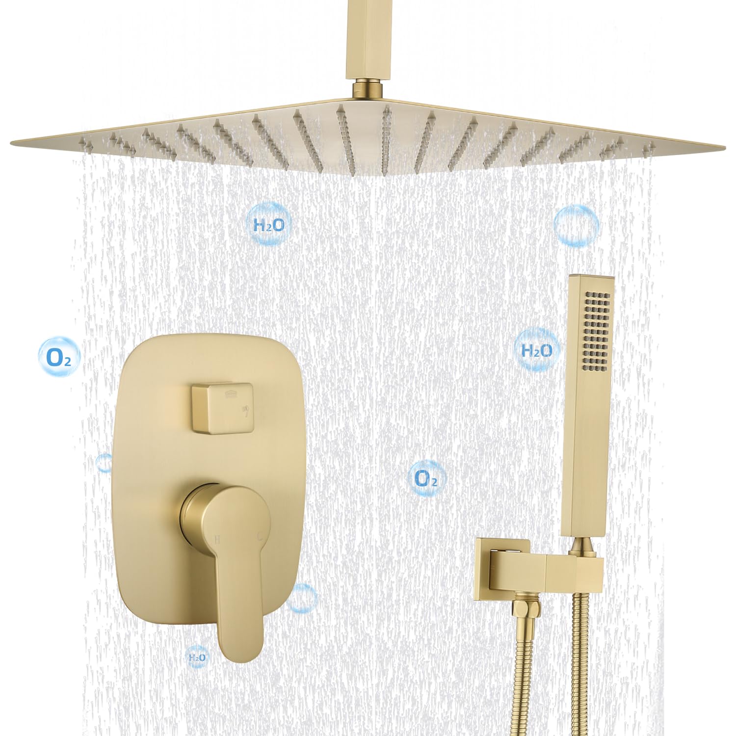 Rain Shower System Brushed Gold 16 Inch Ceiling Mounted Rainfall Shower Head System Concealed Shower Mixer Set