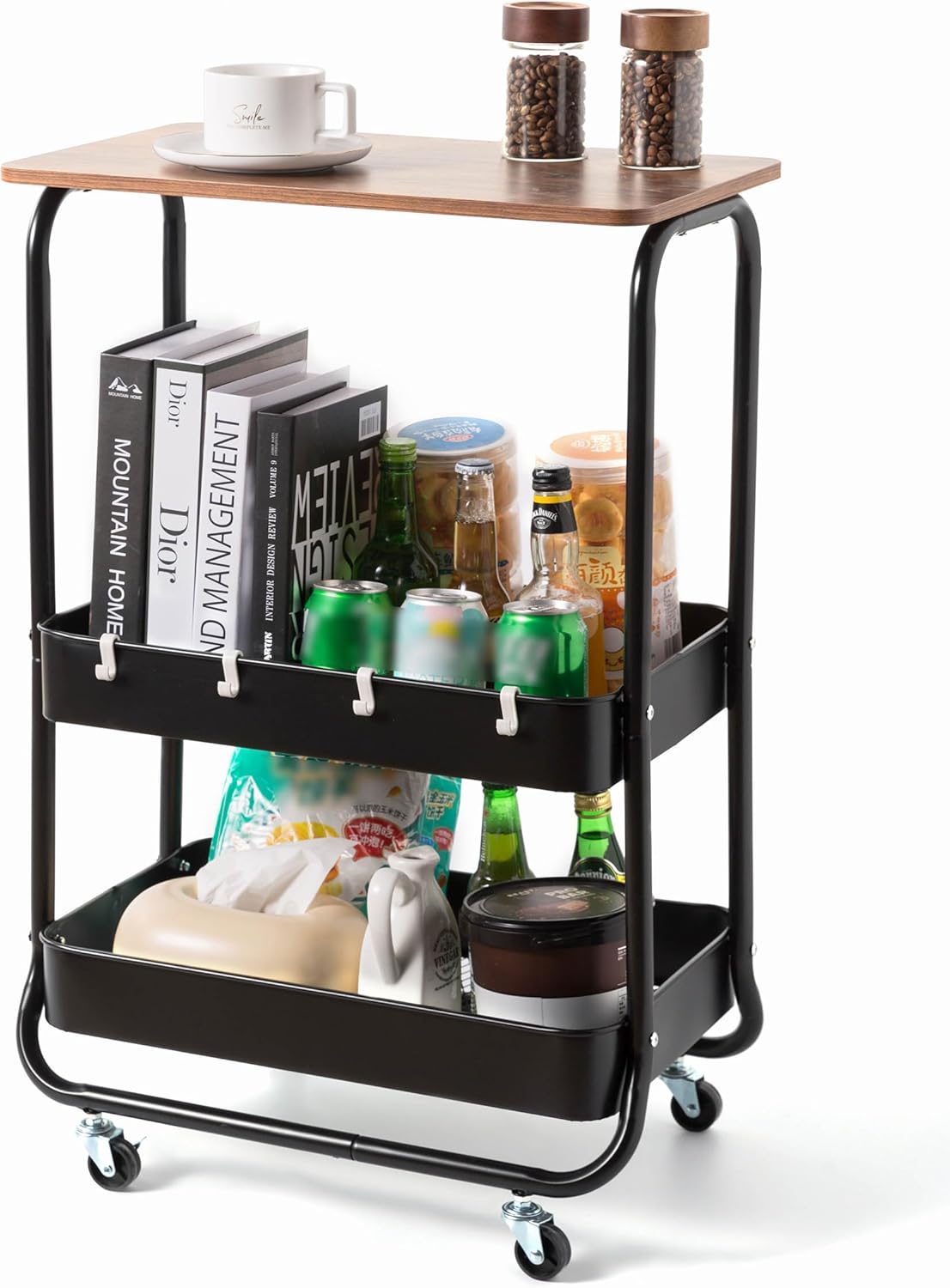 2 Tier Metal Rolling Utility Carts with Wheels and Table Top, Room Organization for Office, Living Room, Kitchen,Bathroom,Laundry, Garage, Lockable Wheels Organizer (White)