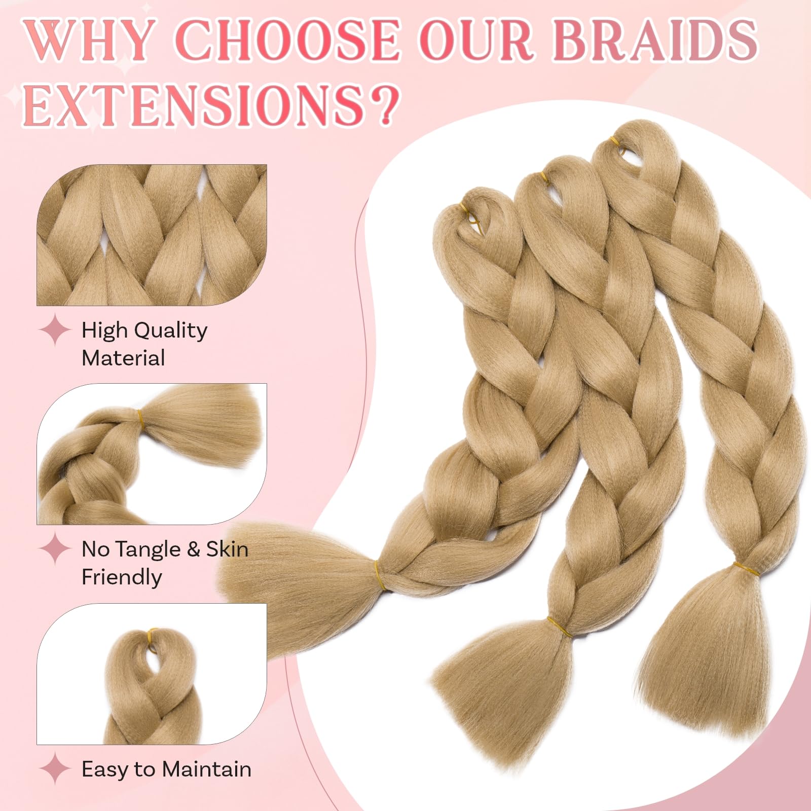 SEGO Pro Braiding Hair Extensions 24 Inch Yaki Synthetic Jumbo Box Braid Hair for Crochet Twist Braids for Women Pack of 3 (Blonde) - Image 4