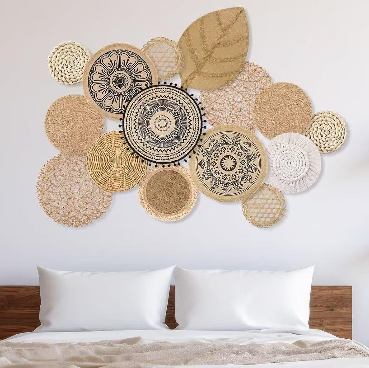 Xiyocadt Boho Wandkorb Dekoration, Hängende Rattan Geflechtkörbe, Rustikale Wandkunst Dekoration für Wohnzimmer, Schlafzimmer, Esszimmer (15A teiliges)