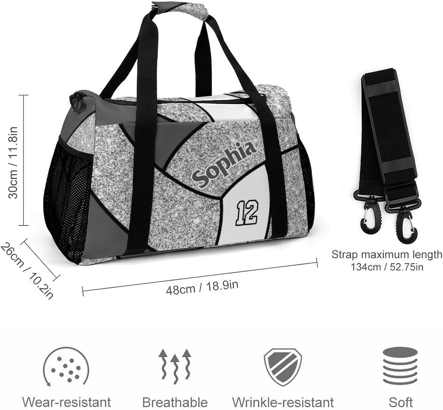 Custom Silver Volleyball Duffel Bag with Name Personalized Travel Bags Sport Gym Bag Carry On Weekender Bags for Men Women